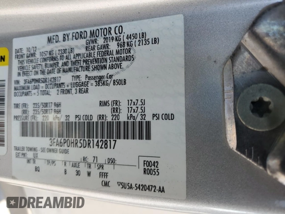 2013 Ford Fusion SE with VIN 3FA6P0HR5DR142817, listed as a Copart auction lot 55138395 with 147,211 mi miles and Salvage Title. Bid and sale history available at carsss.com. Image 13.