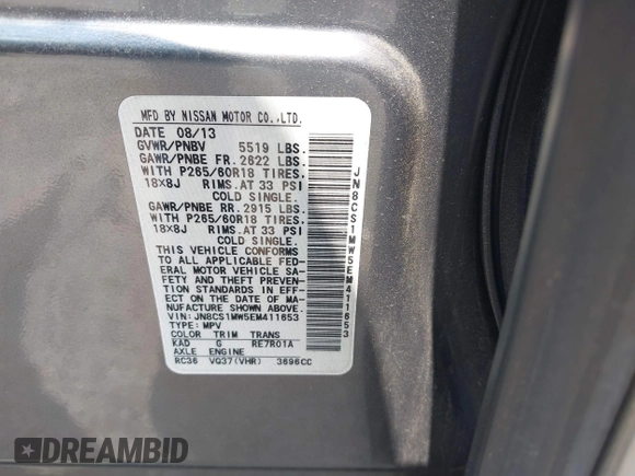 2014 Infiniti QX70 with VIN JN8CS1MW5EM411653, listed as a IAAI auction lot 42690935 with 110,806 mi miles and . Bid and sale history available at DreamBid. Image 9.