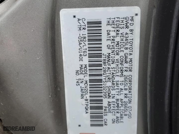 2000 Lexus ES 300 with VIN JT8BF28G7Y5102395, listed as a Copart auction lot 43623815 with 46,257 mi miles and Salvage Title. Bid and sale history available at carsss.com. Image 12.