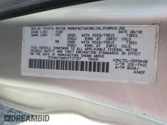 2000 Toyota Tacoma with VIN 5TEWN72N8YZ717707, listed as a Copart auction lot 54479455 with 197,407 mi miles and Salvage title. Bid and sale history available at DreamBid. Image 12.