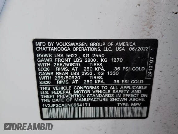 2022 Volkswagen Atlas SE with VIN 1V2JP2CA5NC554171, listed as a Copart auction lot 46822345 with 60,907 mi miles and Clean title. Bid and sale history available at DreamBid. Image 13.