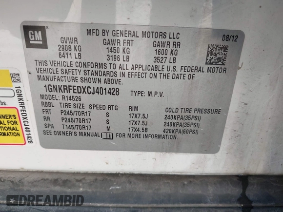 2012 Chevrolet Traverse LS with VIN 1GNKRFEDXCJ401428, listed as a IAAI auction lot 41801656 with 141,242 mi miles and . Bid and sale history available at DreamBid. Image 9.