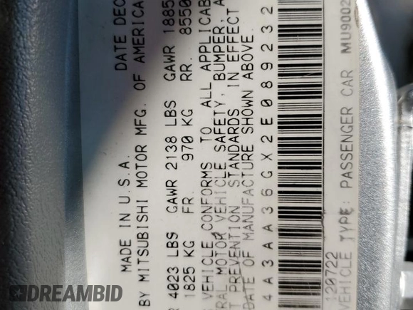 2002 Mitsubishi Galant with VIN 4A3AA36GX2E089232, listed as a Copart auction lot 86015864 with 147,979 mi miles and Salvage Title. Bid and sale history available at DreamBid. Image 12.