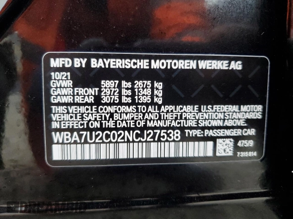 2022 BMW 7 Series 750i xDrive with VIN WBA7U2C02NCJ27538, listed as a Copart auction lot 42022885 with 29,083 mi miles and Salvage title. Bid and sale history available at DreamBid. Image 12.