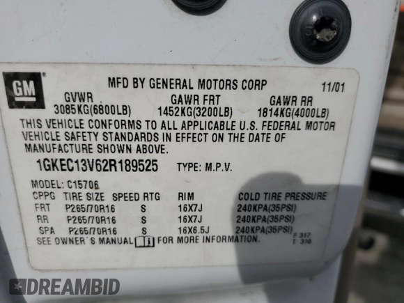 2002 GMC Yukon SLE z VIN 1GKEC13V62R189525, wystawiony jako Copart lot #55197575 z przebiegiem Nie podano mil oraz Szkoda całkowita • Salvage title. Historia ofert i sprzedaży dostępna na DreamBid. Obrazek 13.