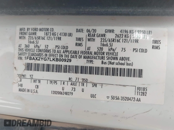 2020 Ford Transit Passenger XL with VIN 1FBAX2YG7LKB00929, listed as a IAAI auction lot 42635196 with 42,540 mi miles and . Bid and sale history available at DreamBid. Image 9.