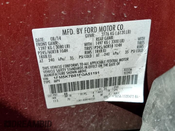 2015 Ford Explorer с VIN 1FM5K7B81FGA51191, выставлен на аукционе Copart как лот 45724795 с пробегом Не указан миль и На запчасти • Non repairable. История ставок и продаж доступна на DreamBid. Изображение 13.