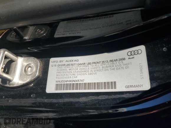 2016 Audi A5 Premium with VIN WAUD2AFHXGN005747, listed as a Copart auction lot 75031624 with 49,068 mi miles and Salvage title. Bid and sale history available at DreamBid. Image 12.