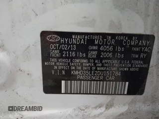 2013 Hyundai Elantra with VIN KMHD35LE2DU151784, listed as a IAAI auction lot 42205251 with 111,081 mi miles and . Bid and sale history available at DreamBid. Image 9.