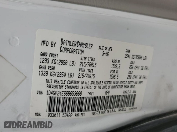 2006 Dodge Grand Caravan SE with VIN 1D4GP24E66B653668, listed as a Copart auction lot 51822155 with 151,746 mi miles and Salvage title. Bid and sale history available at DreamBid. Image 14.