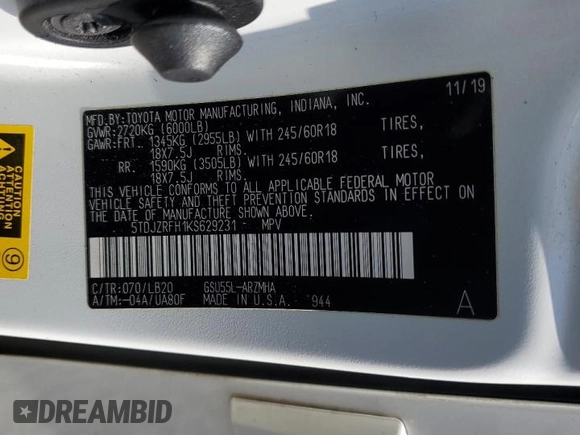 2019 Toyota Highlander SE z VIN 5TDJZRFH1KS629231, wystawiony jako Copart lot #54161975 z przebiegiem 218 689 mil mil oraz Szkoda całkowita • Salvage title. Historia ofert i sprzedaży dostępna na DreamBid. Obrazek 13.