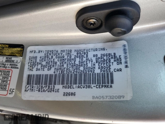 2004 Toyota Camry LE with VIN 4T1BE32K24U265992, listed as a Copart auction lot 53761975 with 97,006 mi miles and Salvage Title. Bid and sale history available at DreamBid. Image 12.