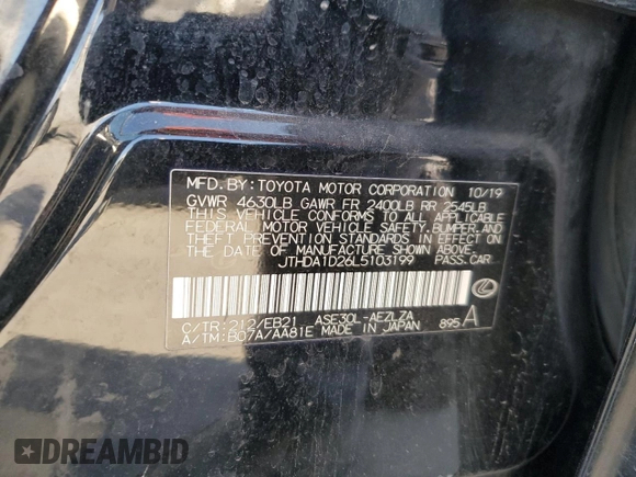 2020 Lexus IS 300 with VIN JTHDA1D26L5103199, listed as a Copart auction lot 89178575 with 64,547 mi miles and Salvage title. Bid and sale history available at DreamBid. Image 12.