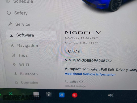 2023 Tesla Model Y Long Range with VIN 7SAYGDEE9PA205757, listed as a IAAI auction lot 41705881 with 18,567 mi miles and . Bid and sale history available at carsss.com. Image 7.