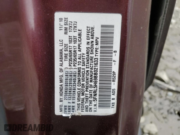 2011 Honda Odyssey EX-L with VIN 5FNRL5H69BB021633, listed as a Copart auction lot 50420415 with 265,213 mi miles and Salvage Title. Bid and sale history available at DreamBid. Image 13.