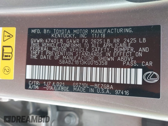 2019 Lexus ES 350 with VIN 58ABZ1B13KU015358, listed as a IAAI auction lot 42142214 with 84,766 mi miles and . Bid and sale history available at DreamBid. Image 9.