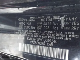 2015 Hyundai Genesis 3.8L with VIN KMHGN4JE9FU099240, listed as a IAAI auction lot 41560635 with 128,345 mi miles. Bid and sale history available at carsss.com. Image 9.