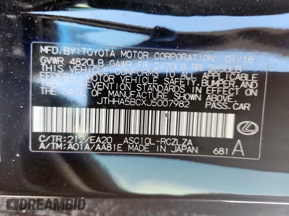 2018 Lexus RC 300 with VIN JTHHA5BCXJ5007982, listed as a Copart auction lot 61306655 with 104,065 mi miles and Salvage title. Bid and sale history available at DreamBid. Image 13.