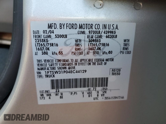 2004 Ford F-350 XL with VIN 1FTSW31P04EC44129, listed as a Copart auction lot 63519165 with 205,411 mi miles and Salvage title. Bid and sale history available at DreamBid. Image 12.