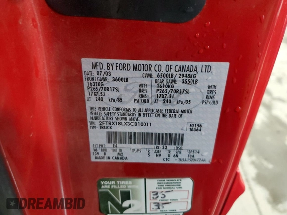 2003 Ford F-150 XL with VIN 2FTRX18LX3CB10011, listed as a Copart auction lot 56183545 with 160,929 mi miles and Salvage title. Bid and sale history available at DreamBid. Image 12.