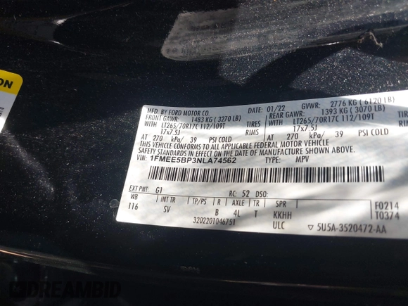 2022 Ford Bronco z VIN 1FMEE5BP3NLA74562, wystawiony jako IAAI lot #42338666 z przebiegiem 20 743 mil mil oraz . Historia ofert i sprzedaży dostępna na DreamBid. Obrazek 9.