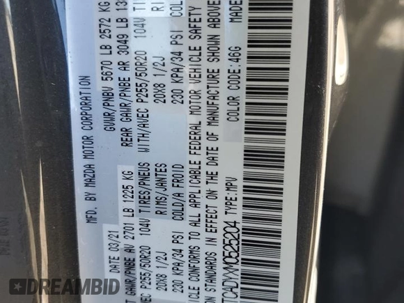 2021 Mazda CX-9 Grand Touring with VIN JM3TCADYXM0525204, listed as a Copart auction lot 47818375 with 39,171 mi miles and Salvage title. Bid and sale history available at DreamBid. Image 14.