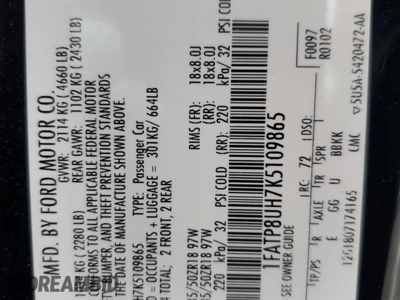 2019 Ford Mustang EcoBoost with VIN 1FATP8UH7K5109865, listed as a Copart auction lot 50159805 with 106,403 mi miles and Salvage Title. Bid and sale history available at carsss.com. Image 15.