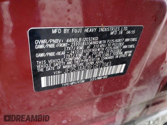 2015 Subaru Forester 2.5i with VIN JF2SJAAC6FG817043, listed as a Copart auction lot 46461615 with 80,895 mi miles and Salvage Title. Bid and sale history available at carsss.com. Image 13.