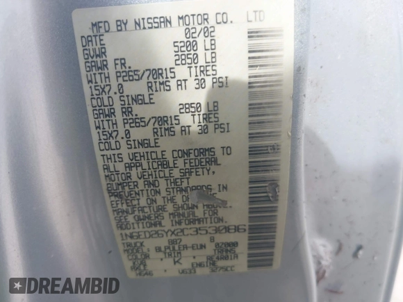 2002 Nissan Frontier XE z VIN 1N6ED26YX2C353086, wystawiony jako IAAI lot #41821399 z przebiegiem 192 027 mil mil oraz . Historia ofert i sprzedaży dostępna na DreamBid. Obrazek 9.