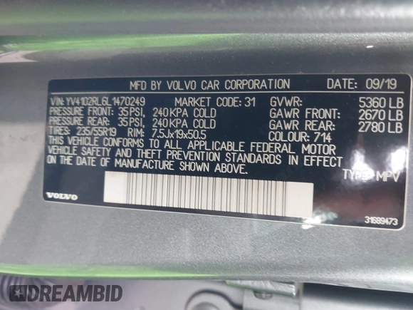 2020 Volvo XC60 Inscription with VIN YV4102RL6L1470249, listed as a IAAI auction lot 41165934 with 26,127 mi miles and . Bid and sale history available at DreamBid. Image 9.