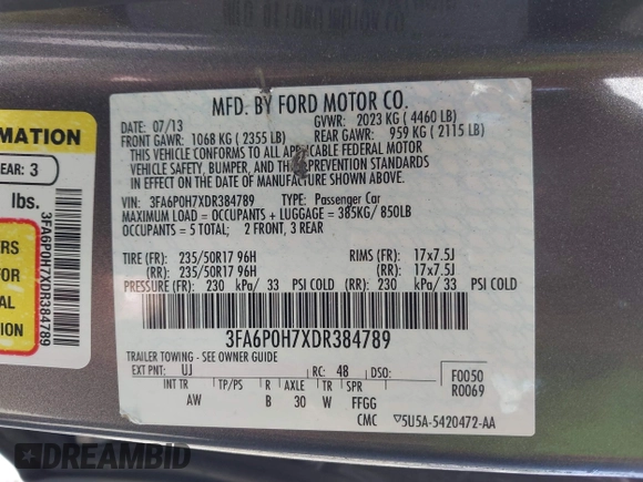 2013 Ford Fusion SE z VIN 3FA6P0H7XDR384789, wystawiony jako IAAI lot #42341339 z przebiegiem 225 418 mil mil oraz . Historia ofert i sprzedaży dostępna na DreamBid. Obrazek 9.