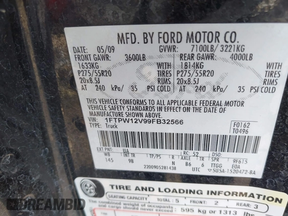 2009 Ford F-150 XL with VIN 1FTPW12V99FB32566, listed as a IAAI auction lot 42437432 with 203,434 mi miles and . Bid and sale history available at DreamBid. Image 9.