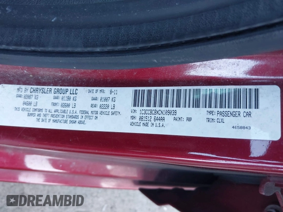 2012 Chrysler 200 Limited with VIN 1C3CCBCBXCN109039, listed as a IAAI auction lot 41548720 with 129,124 mi miles. Bid and sale history available at carsss.com. Image 9.