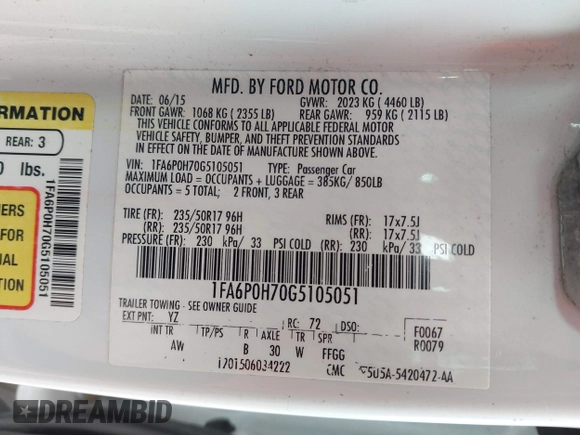 2016 Ford Fusion SE with VIN 1FA6P0H70G5105051, listed as a IAAI auction lot 42002630 with 178,851 mi miles. Bid and sale history available at carsss.com. Image 9.