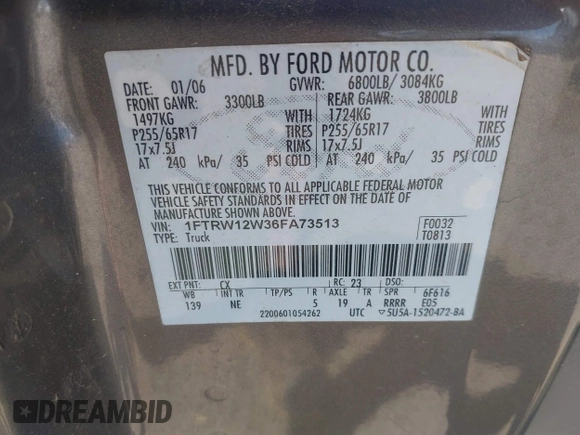 2006 Ford F-150 XLT with VIN 1FTRW12W36FA73513, listed as a IAAI auction lot 41910620 with 286,004 mi miles. Bid and sale history available at carsss.com. Image 9.