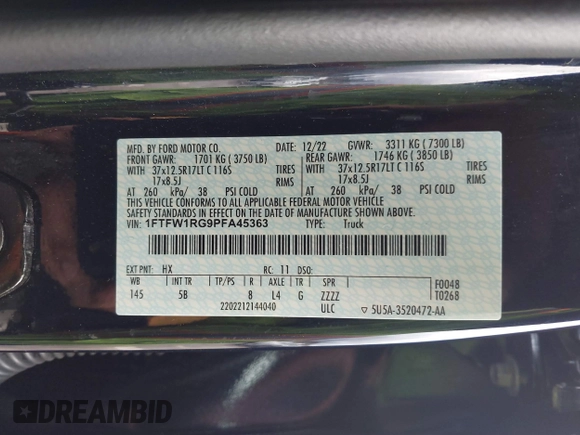 2023 Ford F-150 Raptor with VIN 1FTFW1RG9PFA45363, listed as a IAAI auction lot 41631790 with 64,393 mi miles and . Bid and sale history available at DreamBid. Image 9.