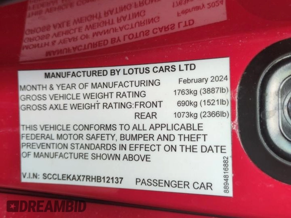 2024 Lotus Emira First Edition z VIN SCCLEKAX7RHB12137, wystawiony jako Copart lot #74508424 z przebiegiem Nie podano mil oraz Nie do naprawy. Historia ofert i sprzedaży dostępna na DreamBid. Obrazek 13.