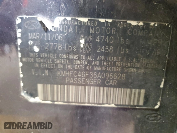 2006 Hyundai Azera SE with VIN KMHFC46F36A096628, listed as a Copart auction lot 61042145 with 229,357 mi miles and Salvage title. Bid and sale history available at DreamBid. Image 12.