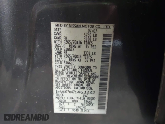 2007 Nissan Frontier SE z VIN 1N6AD07U47C463332, wystawiony jako IAAI lot #42128193 z przebiegiem 145 604 mil mil oraz . Historia ofert i sprzedaży dostępna na DreamBid. Obrazek 9.