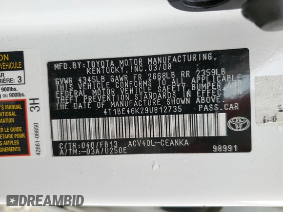 2009 Toyota Camry with VIN 4T1BE46K29U812735, listed as a Copart auction lot 54399665 with 150,542 mi miles and Salvage Title. Bid and sale history available at DreamBid. Image 12.