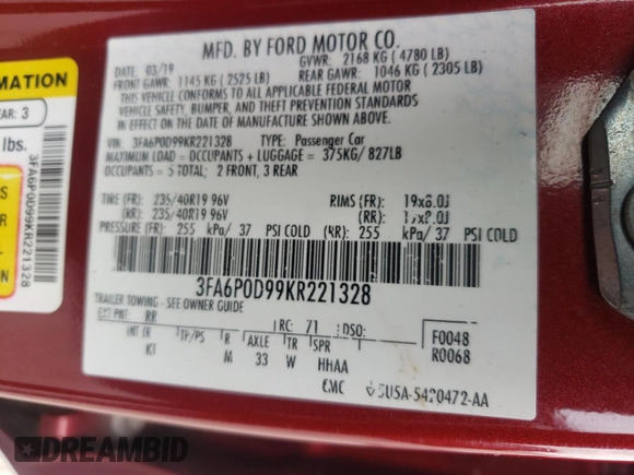 2019 Ford Fusion Titanium z VIN 3FA6P0D99KR221328, wystawiony jako Copart lot #57104515 z przebiegiem 138 427 mil mil oraz Szkoda całkowita • Salvage title. Historia ofert i sprzedaży dostępna na DreamBid. Obrazek 12.