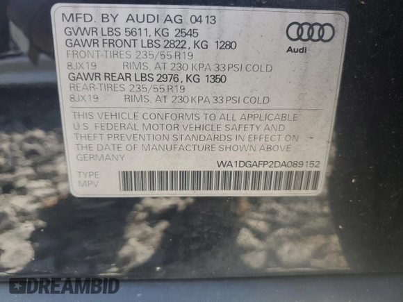 2013 Audi Q5 Premium Plus with VIN WA1DGAFP2DA089152, listed as a Copart auction lot 61223995 with 82,865 mi miles and Salvage title. Bid and sale history available at DreamBid. Image 12.