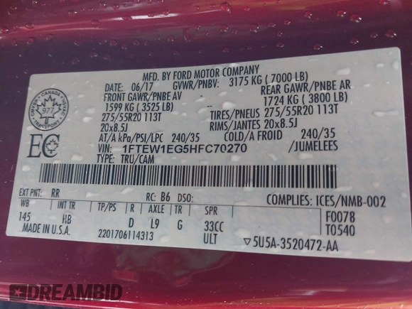 2017 Ford F-150 XL with VIN 1FTEW1EG5HFC70270, listed as a IAAI auction lot 41583973 with 1 mi miles. Bid and sale history available at carsss.com. Image 9.