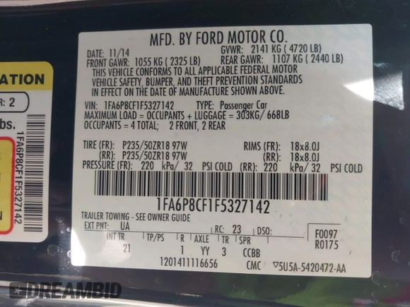 2015 Ford Mustang GT z VIN 1FA6P8CF1F5327142, wystawiony jako IAAI lot #41909056 z przebiegiem 105 798 mil mil oraz . Historia ofert i sprzedaży dostępna na DreamBid. Obrazek 9.