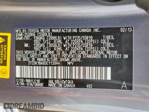 2013 Lexus RX 350 with VIN 2T2ZK1BAXDC113944, listed as a Copart auction lot 63321955 with 131,967 mi miles and Salvage title. Bid and sale history available at DreamBid. Image 13.