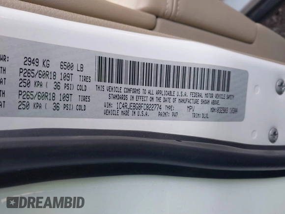 2015 Jeep Grand Cherokee Limited with VIN 1C4RJEBG8FC822774, listed as a IAAI auction lot 40939140 with 146,609 mi miles. Bid and sale history available at carsss.com. Image 9.
