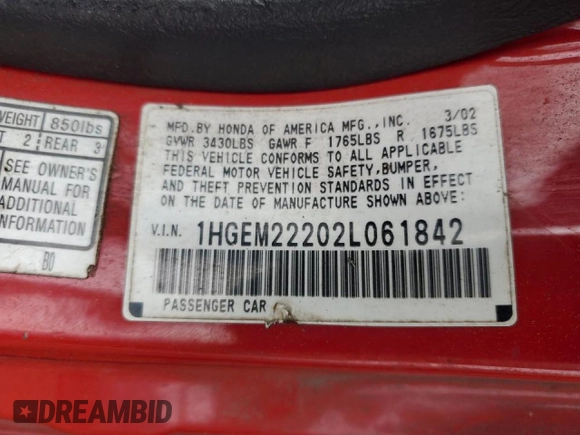 2002 Honda Civic DX with VIN 1HGEM22202L061842, listed as a Copart auction lot 43760875 with 154,751 mi miles and Salvage Title. Bid and sale history available at DreamBid. Image 12.