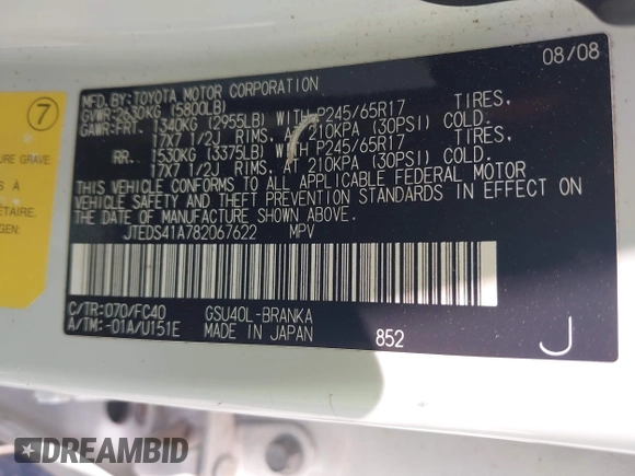 2008 Toyota Highlander z VIN JTEDS41A782067622, wystawiony jako IAAI lot #42287779 z przebiegiem 253 583 mil mil oraz . Historia ofert i sprzedaży dostępna na DreamBid. Obrazek 9.