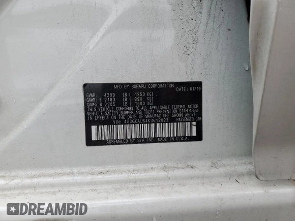 2019 Subaru Impreza Limited z VIN 4S3GKAU64K3612023, wystawiony jako Copart lot #57158085 z przebiegiem 35 152 mil mil oraz Szkoda całkowita • Salvage title. Historia ofert i sprzedaży dostępna na DreamBid. Obrazek 12.