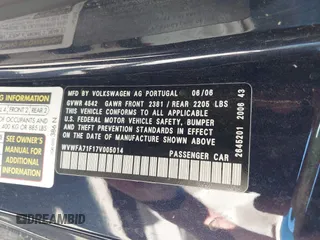 2007 Volkswagen Eos 2.0T with VIN WVWFA71F17V005014, listed as a IAAI auction lot 41735760 with 150,119 mi miles and . Bid and sale history available at DreamBid. Image 9.